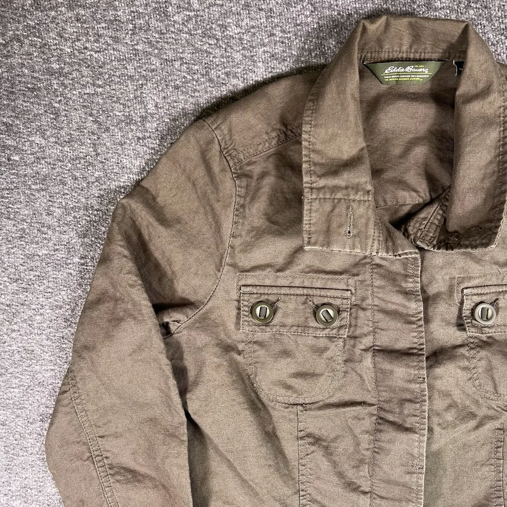 Eddie Bauer Jacket Women M Olive Linen Blend Safari Casual Safari Utility Earthy